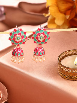 Zaveri Pearls - Pink Mint Green Meenakari Pearl Drops Jhumki Earring