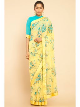 Soch - Women Yellow Georgette Floral Saree with Unstitched Blouse