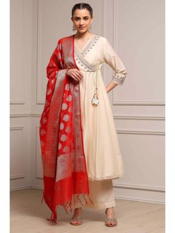 Biba - Women Off White Polyester Blend Angarkha Embroidered Kurta Pant with Dupatta