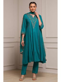Biba - Women Teal Green Viscose Rayon Straight Solid Kurta Pant with Dupatta