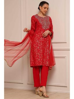 Biba - Women Red Cotton Straight Printed Kurta Pant with Dupatta