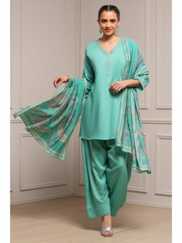 Biba - Women Turquoise Viscose Rayon Straight Kurta Salwar with Dupatta