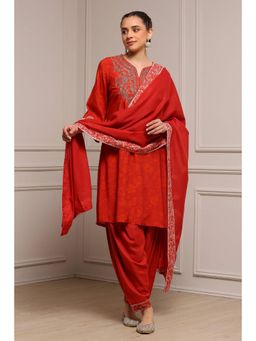 Biba - Women Burnt Orange Viscose Blend Straight Printed Kurta Salwar with Dupatta