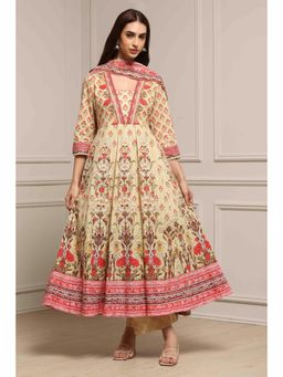 Biba - Women Multi-Color Cotton Anarkali Printed Kurta Pant with Dupatta