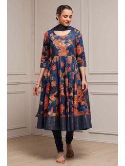 Biba - Women Navy Blue Cotton Anarkali Kurta Churidar with Dupatta