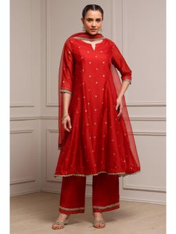 Biba - Women Red Polyester Kalidar Printed Kurta Pant with Dupatta