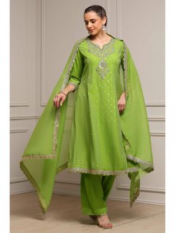 Biba - Women Lime Green Cotton A-Line Yarndyed Kurta Pant with Dupatta