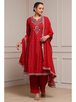 Biba - Women Red Cotton A-Line Yarndyed Kurta Pant with Dupatta