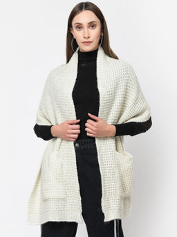 513 - Off White Acrylic Woolen Self Design Winter Wear Muffler Scarf Stole with Pocket