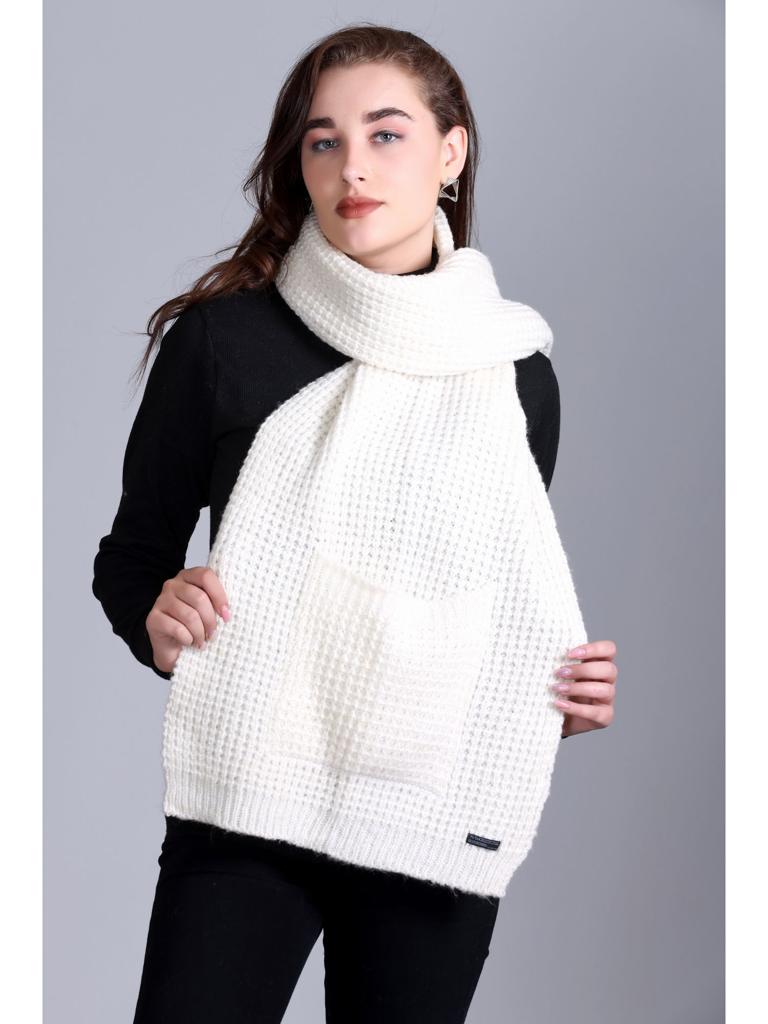 513 White Acrylic Woolen Self Design Winter Wear Muffler Scarf Stole with Pocket-picture-40