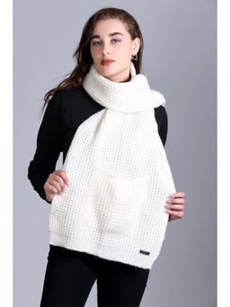 513 - White Acrylic Woolen Self Design Winter Wear Muffler Scarf Stole with Pocket