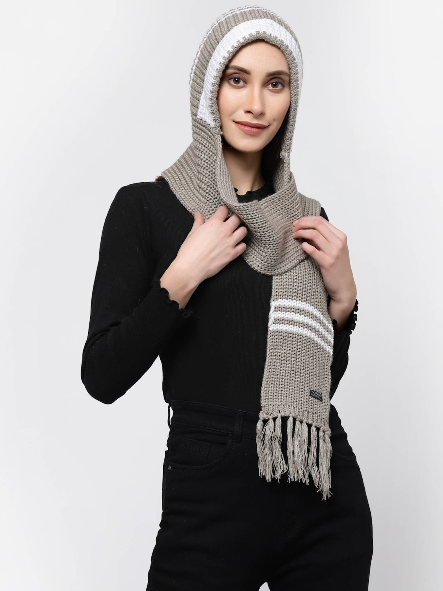 513 Beige Acrylic Woolen Attached Cap Casual Warm Winter Wear Muffler Scarf Stole-picture-5