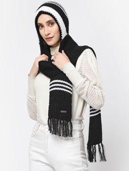 513 - Black Acrylic Woolen Attached Cap Casual Warm Winter Wear Muffler Scarf Stole