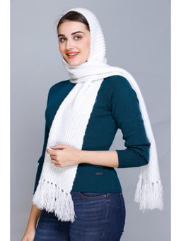 513 - White Acrylic Woolen Attached Cap Tassel Border Warm Winter Wear Muffler Scarf Stole
