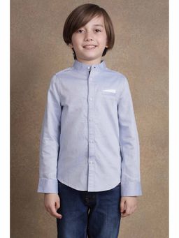 One Friday - Boys Blue Solid Mandarin Neck Shirt