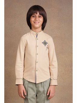 One Friday - Boys Beige Solid Mandarin Neck Shirt