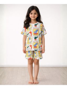 ANTHRILO - Multi-Color Dinosaur Stamp Girls Sleepwear T-shirt and Shorts