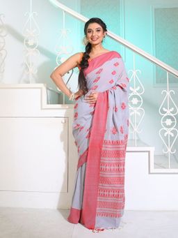 CHARUKRITI - Grey Cotton Handspun Soft Saree with Paisley Pallu with Unstitched Blouse