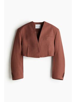H&M - Women Brown Cropped Linen-Blend Blazer