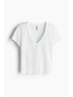 H&M - Women White Ribbed Button-Front T-Shirt