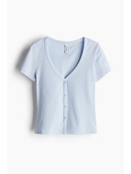 H&M - Women Blue Ribbed Button-Front T-Shirt