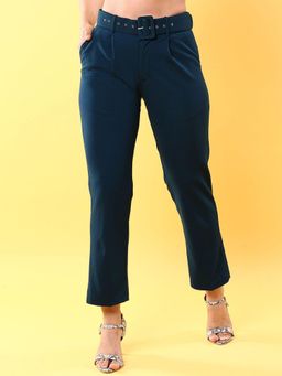 Freehand - Women Teal Solid Mid-Rise Trouser with Belt