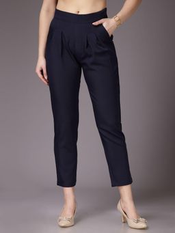 Freehand - Women Navy Blue Regular Fit Solid Pleated Trouser