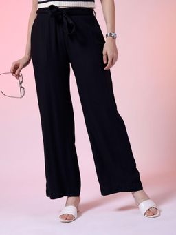 Freehand - Women Navy Blue Solid Mid-Rise Trouser with Belt