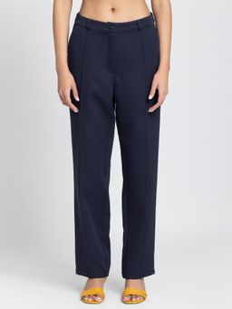 SHAYE - Women Navy Blue Solid Straight Casual Trouser