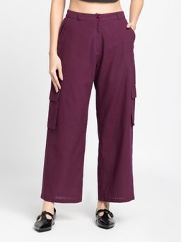 SHAYE - Women Wine Solid Cargo Pocket Trouser