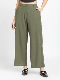 SHAYE - Women Olive Mid-Rise Solid Wide Leg Trouser