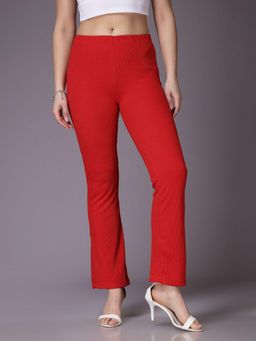 Freehand - Women Red Solid Mid-Rise Trouser
