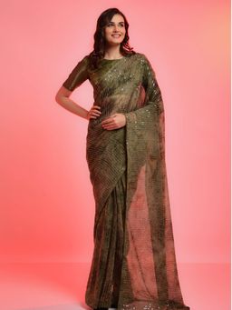 Odette - Green Chiffon Sequins Embroidered Saree with Unstitched Blouse