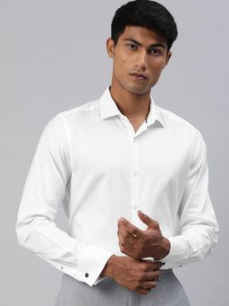 The Bear House - Men White Slim Self Striped French Cuff Formal Shirt