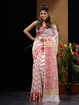 CHARUKRITI - White & Red Handwoven Saree with Chevron & Ethnic Designs