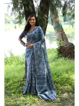 Mysilklove - Jet Stream Blue Tussar Silk Saree with Unstitched Blouse