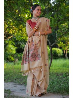Mysilklove - Bronco Beige Muga Cotton Saree with Unstitched Blouse