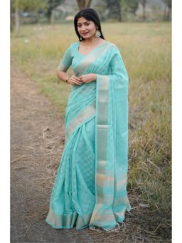 Mysilklove - Sky Blue Banarasi Raw Silk Saree with Unstitched Blouse