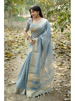 Mysilklove - Surf Crest Blue Banarasi Raw Silk Saree with Unstitched Blouse