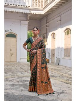 Mysilklove - Pine Green Woven Pashmina Silk Saree with Unstitched Blouse