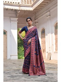 Mysilklove - River Bed Blue Woven Pashmina Silk Saree with Unstitched Blouse