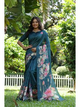 Mysilklove - Deep Aqua Blue Tussar Silk Saree with Unstitched Blouse