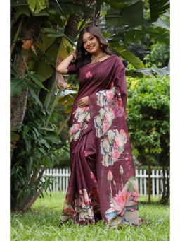 Mysilklove - Raw Umber Brown Tussar Silk Saree with Unstitched Blouse