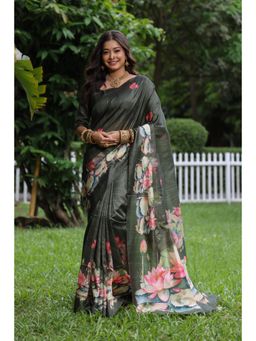 Mysilklove - Lunar Green Tussar Silk Saree with Unstitched Blouse