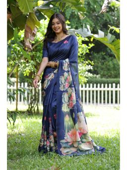 Mysilklove - Dusk Blue Tussar Silk Saree with Unstitched Blouse