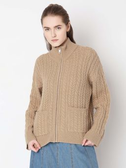 VERO MODA - Brown High Neck Zip Cardigan