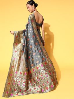 Odette - Silk Blend Grey Woven Design Saree with Unstitched Blouse