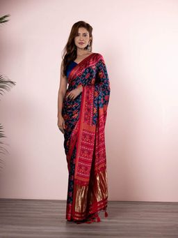 Beatitude - Multi Color Gold Toned Floral Silk Blend Saree with Unstitched Blouse