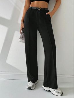 Buynewtrend - Black Polyester Full Length Women Formal Trousers