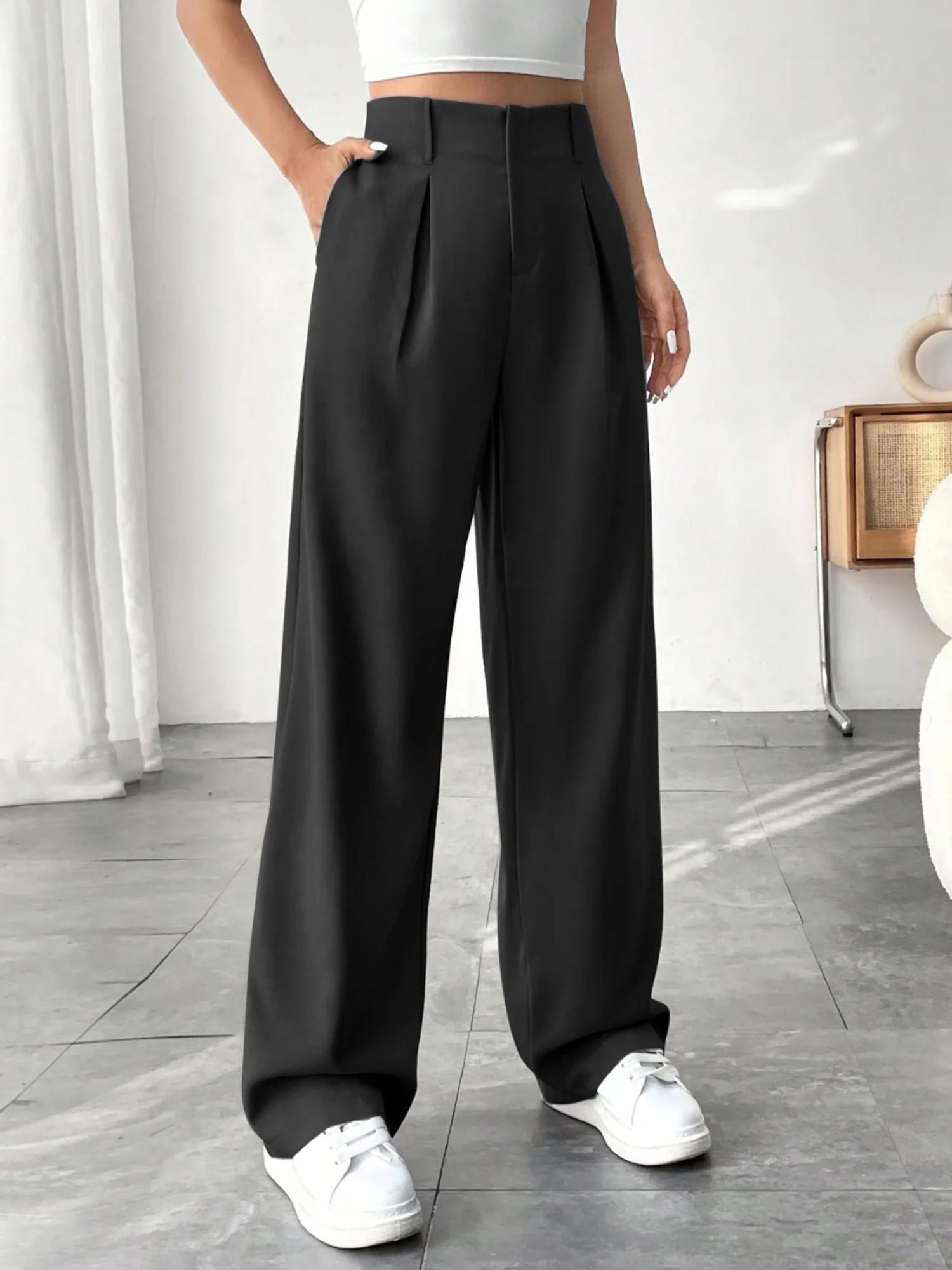 buynewtrend High-Waist Black Women’s Formal Pleated Trousers with Straight Legs-picture-15